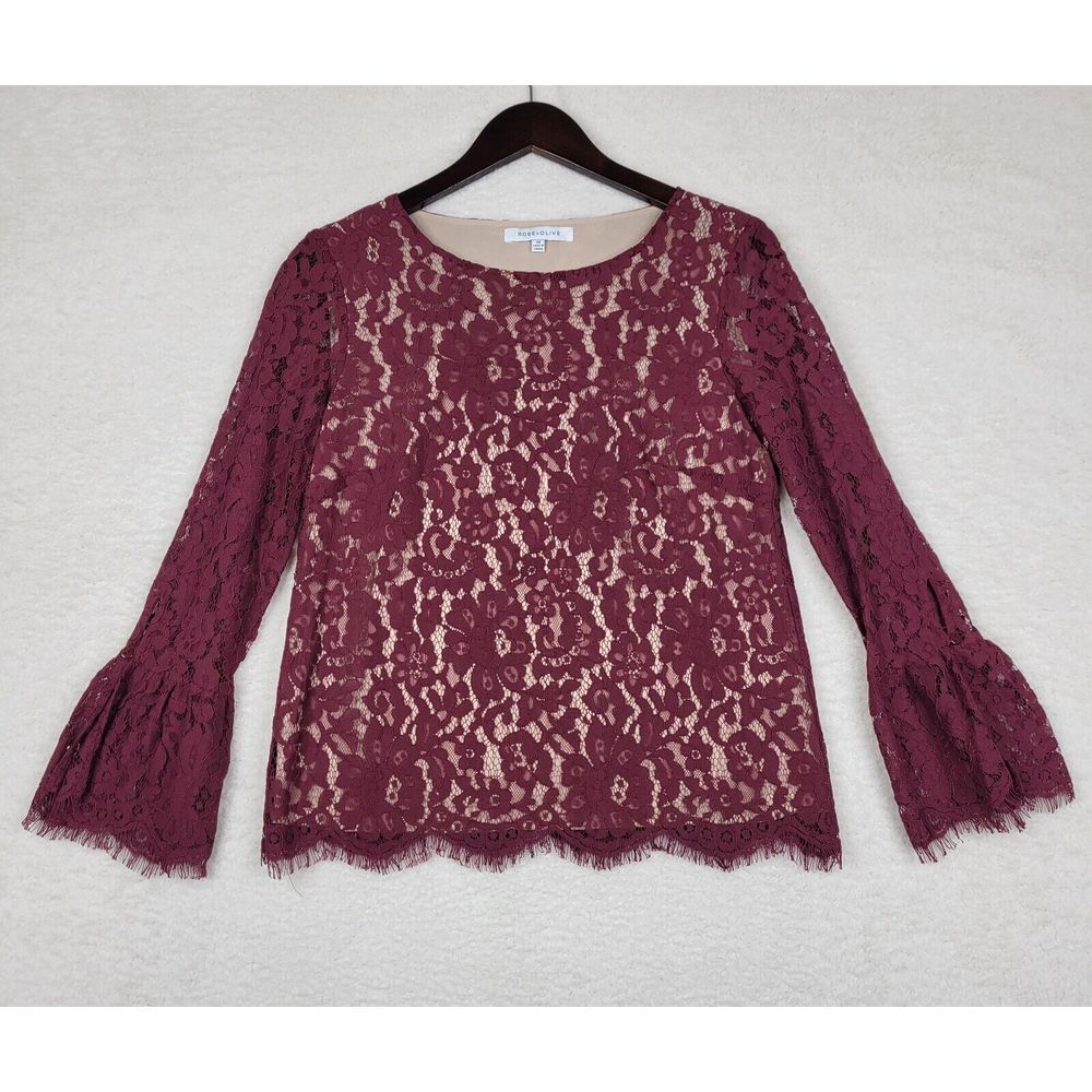 Rose‎ And Olive Shirt Womens XS Red Floral Lace Bell Sleeve Top